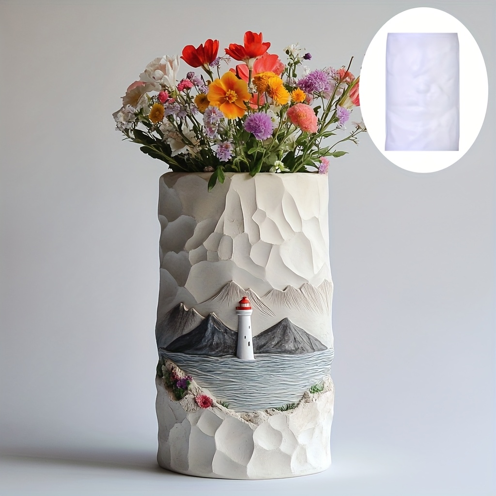 Resin Ocean Wave Mold - 海灯台レリーフ花植物花瓶ポットシリコーン型山波灯台レリーフ樹脂石膏花瓶金型石膏型